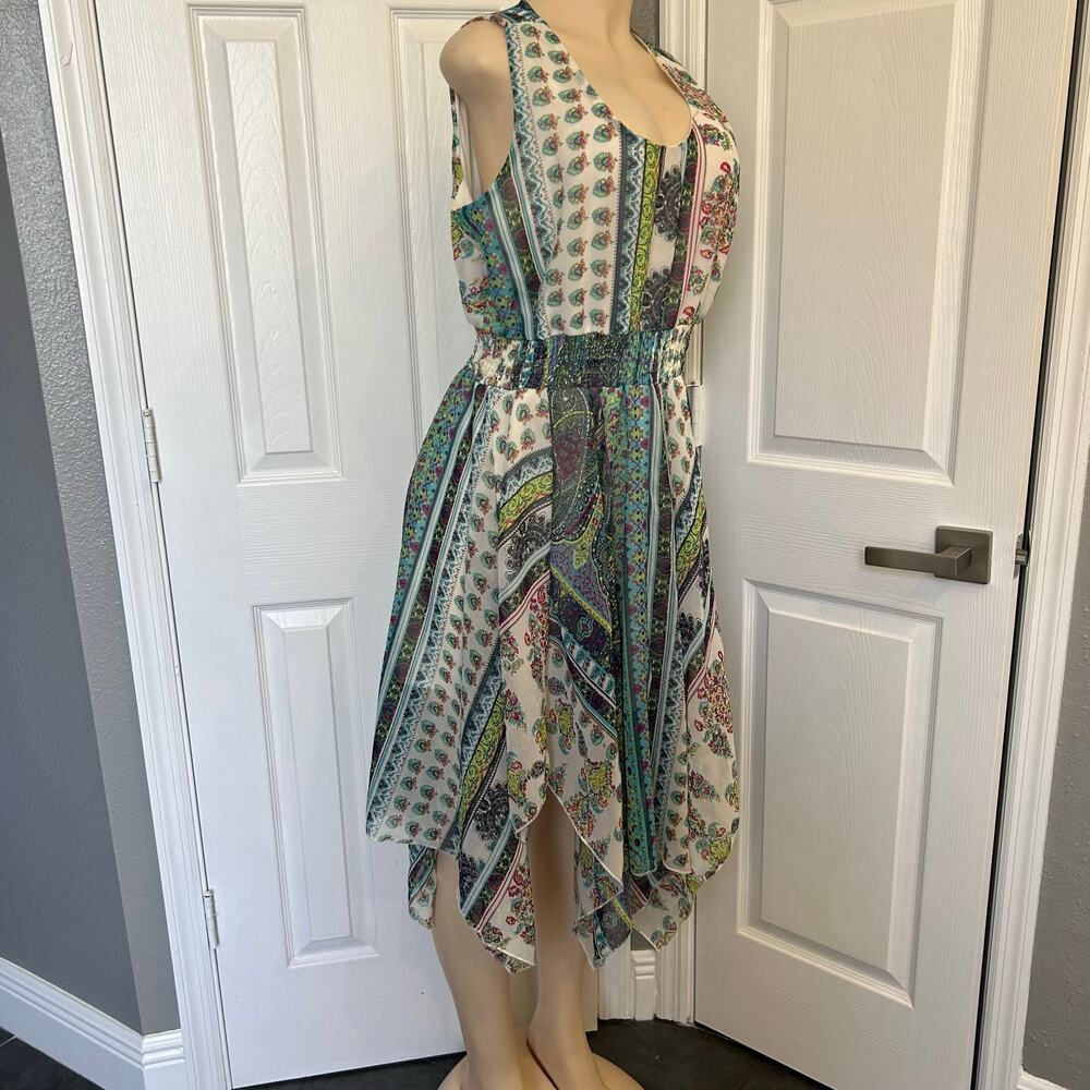 J Glee Boho Patchwork Midi Dress Size Large Smocked Waist cottagecore